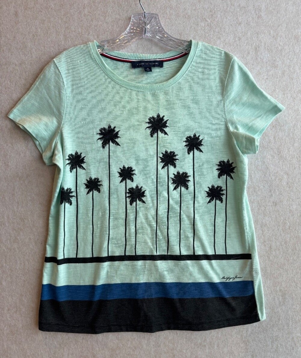 Tommy Hilfiger Womens M Mint Green Palm Tree Print Short Sleeve T-Shirt Tee